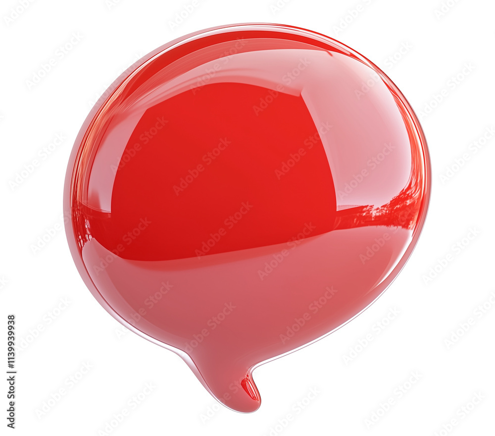 Poster glossy red 3D chat bubble with reflective surface, isolated on transparency background, symbolizing communication and messaging in modern and vibrant style