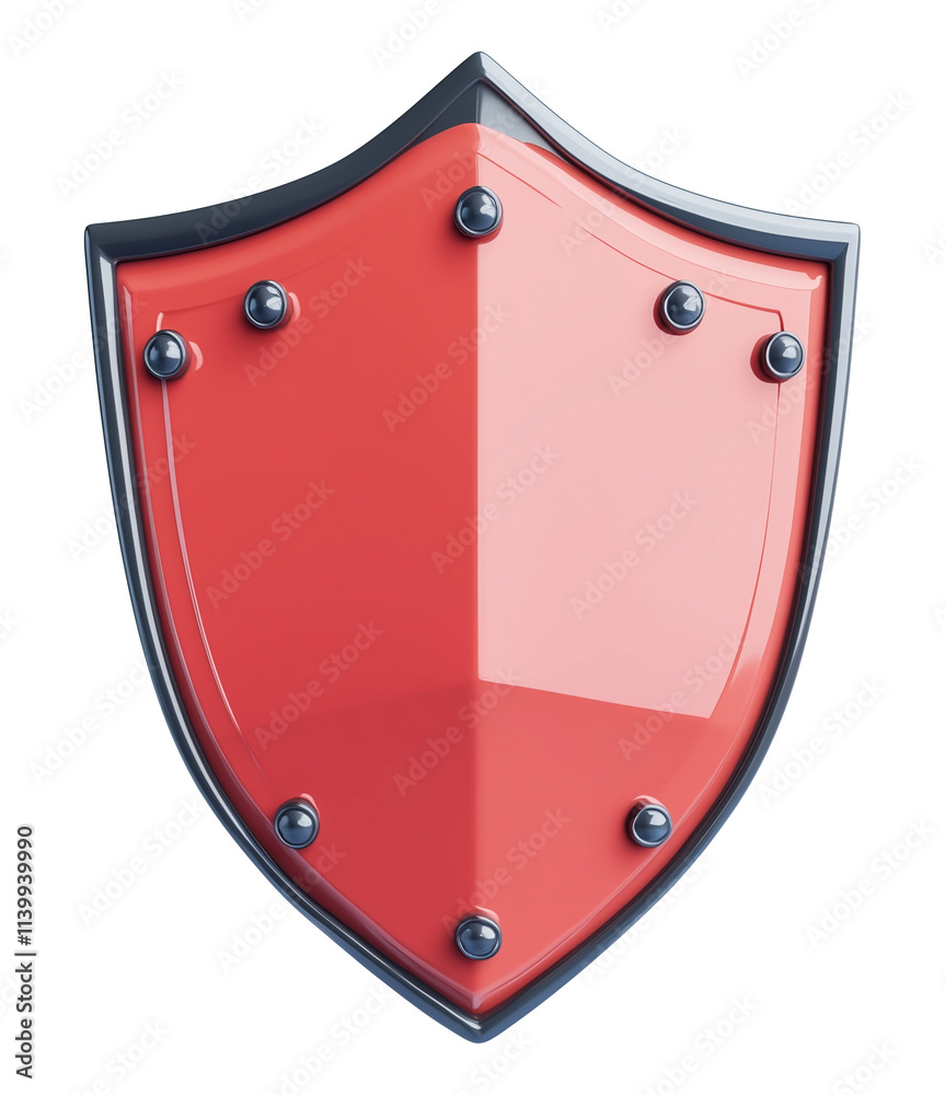 Poster glossy red shield with metallic rivets symbolizes protection and security, isolated on transparency background. design is sleek and modern, evoking strength and defense