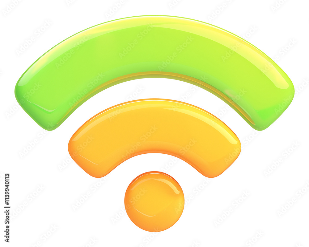 Poster glossy 3d wi fi symbol in vibrant green and orange tones, isolated on transparency background, repre