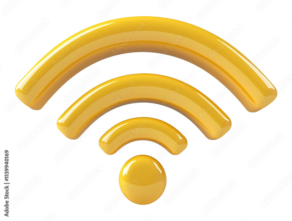 Poster 3D yellow Wi Fi symbol with glossy finish, isolated on transparency background, representing wireless internet connectivity in modern and minimalistic design