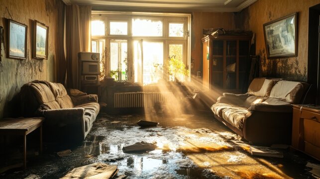 An atmospheric flooded living room with sunlight streaming through the window, showcasing decay and solitude.