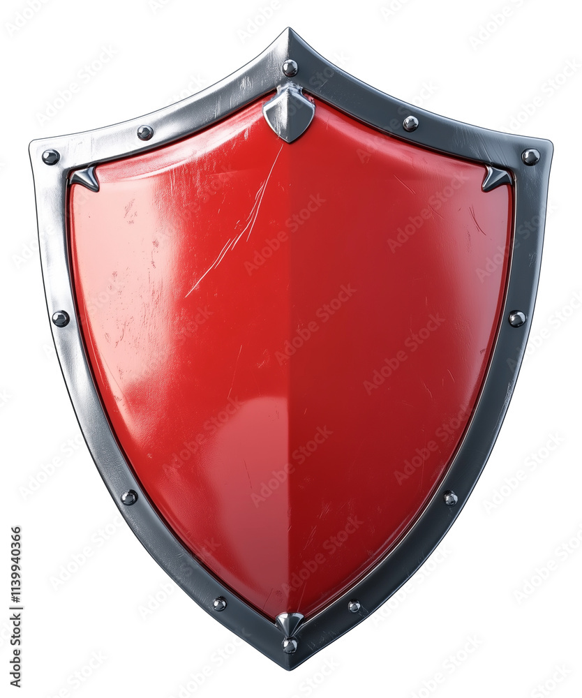 Poster red medieval style shield with metallic frame and visible scratches, isolated on transparency background, showcasing flat view of its design and texture
