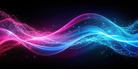 Obraz premium Abstract neon waves of pink and blue with glowing particle effects on black background, neon, waves, abstract