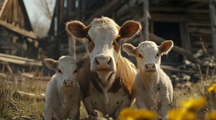 Naklejka premium Adorable Cow and Calves Realistic Image