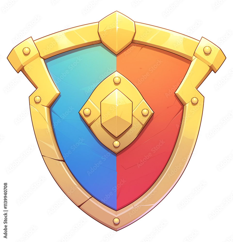 Poster vibrant 3d cartoon shield with golden frame and split design featuring blue and red colors, symboliz