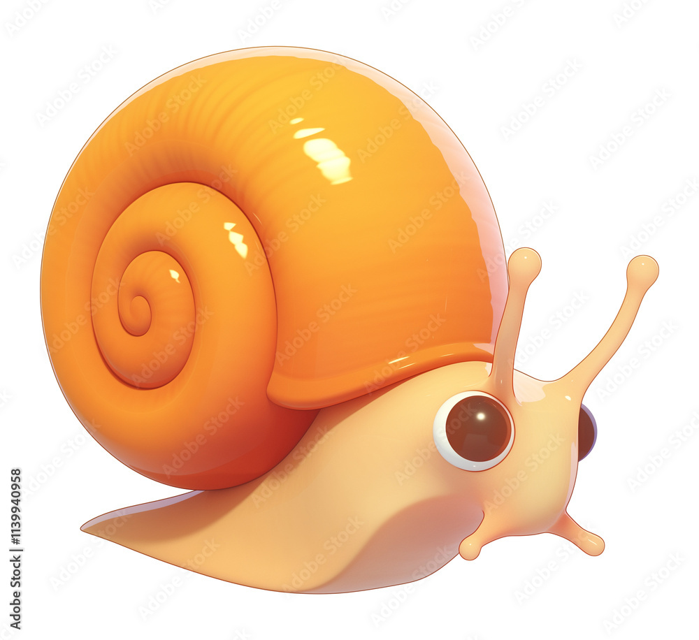 Poster cute 3d cartoon snail with orange shell and expressive eyes, isolated on transparency background, sh
