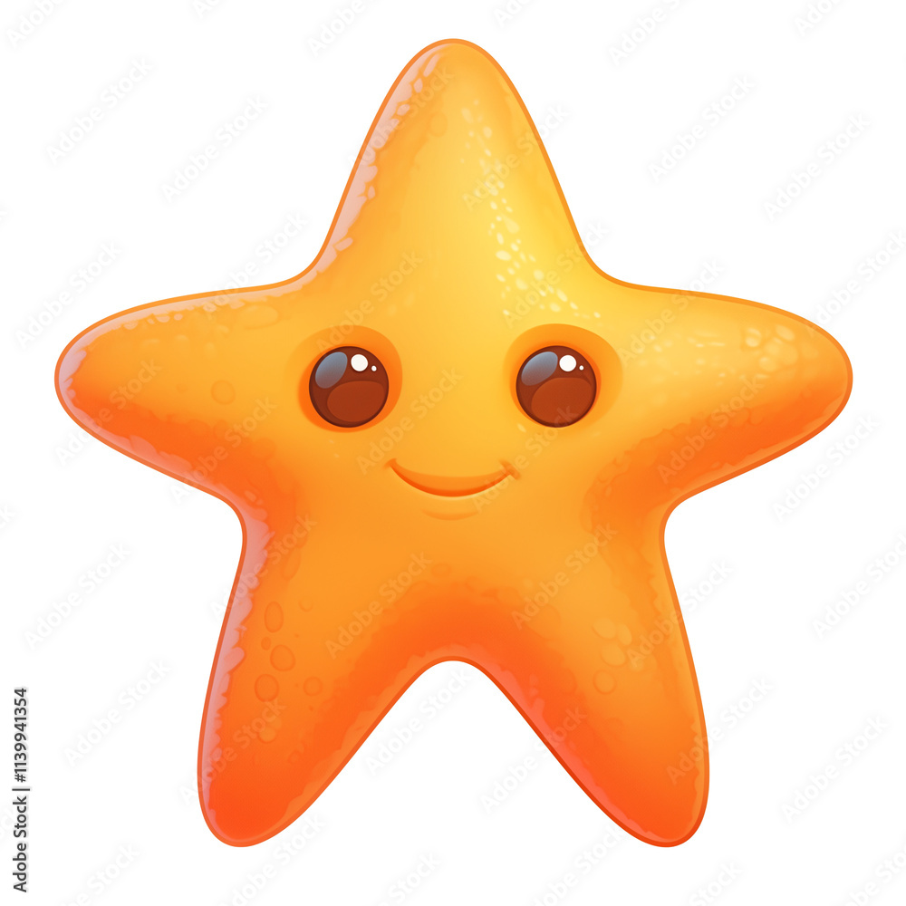 Poster cute 3d cartoon starfish icon with smiling face, flat view, isolated on transparency background. vib