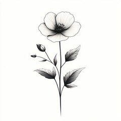 Single grayscale poppy flower with bud and leaves on a stem.
