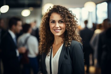 Portrait of a businesswoman smiling during a corporate event, with colleagues networking in the background