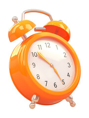 Bright orange retro alarm clock with twin bells, isolated on transparency background, showcasing classic design and vibrant color. Perfect for time related concepts or vintage themes