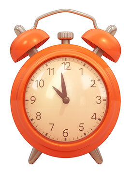 vibrant orange retro alarm clock with twin bells, showing time at 7 oclock, isolated on transparency background. design is simple and nostalgic, evoking classic feel