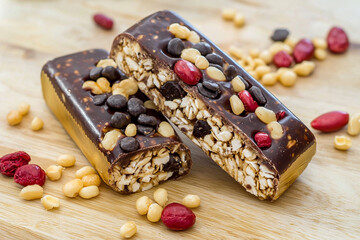 Nuts and chocolate protein bars on wood