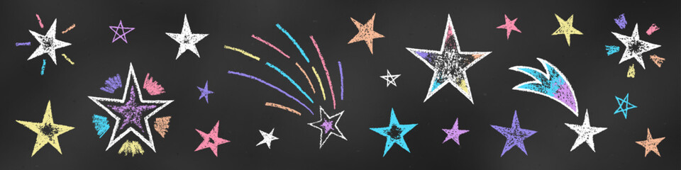 Children's Chalk Drawn Sketch. Set of Design Elements Various Five-Pointed Stars Isolated on Chalkboard.