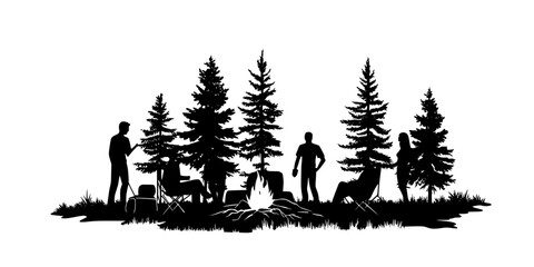 Travelers gathering around a campfire during an evening activity at a nature retreat, Illustration