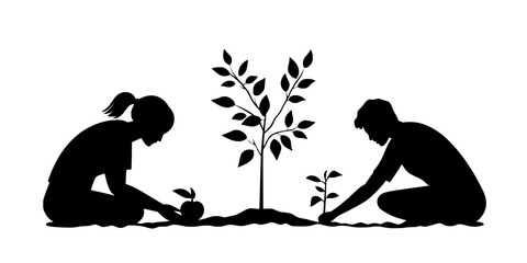 Two individuals planting a new fruit tree in a freshly dug hole in a yard, Illustration