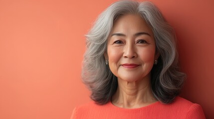 Fototapeta premium A cheerful mature woman with gray hair and a vibrant smile poses gracefully against a colorful background.