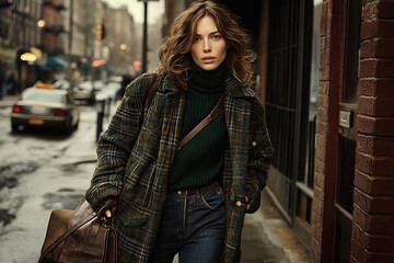 Obraz premium Stylish Young Woman in Plaid Coat and Green Sweater Walking on Rainy City Street with Leather Bag