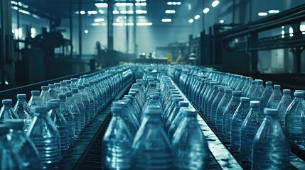 Obraz premium Bottling line operating at full capacity, with rows of water bottles being filled, capped, and inspected.