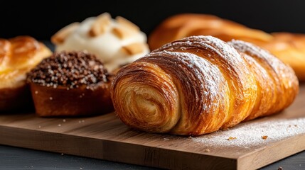 A range of pastries including a croissant with a flakey crust, generously dusted with powdered sugar, exhibited on a wooden board alongside delectable sweets.