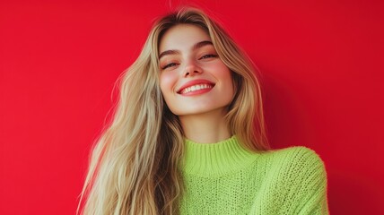 Fototapeta premium Happy young Slavic woman with long blonde hair in bright green blouse standing against solid red background