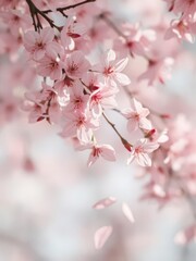 Obraz premium Soft pink sakura petals gently falling against a blurred background, beauty, flora, delicate