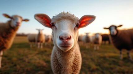 The image captures a single sheep, prominently facing the camera with a gentle and inviting expression, set against a backdrop of a peaceful green pasture.