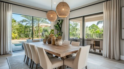 Fototapeta premium A dining area with an extendable wooden table, neutral-colored chairs, and soft curtains