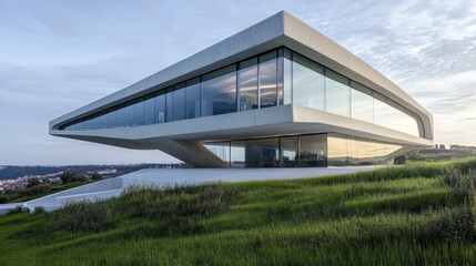 Fototapeta premium Modern Glass Concrete Building Hillside Architecture