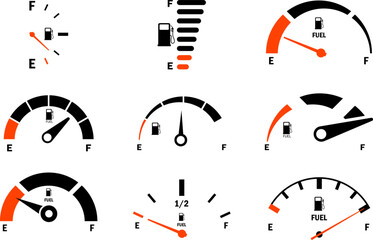 Fuel gauge scale and fuel meter. Fuel indicator. Gas tank gauge. Speedometer, tachometer, indicator icons. Performance measurement. White background. Vector illustration. EPS 10