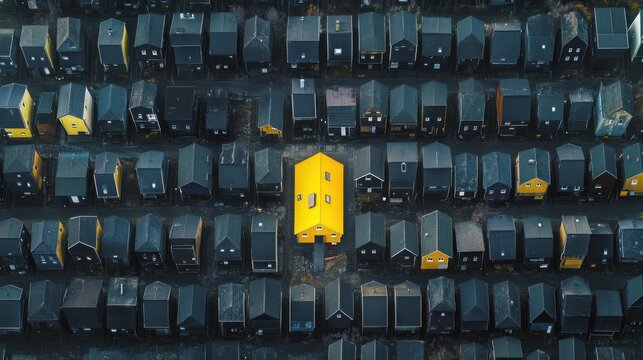 Contrast aerial view of a single yellow house surrounded by rows of black houses, emphasizing uniqueness and creativity
