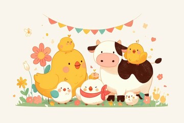 A cheerful illustration of farm animals and chicks surrounded by flowers.