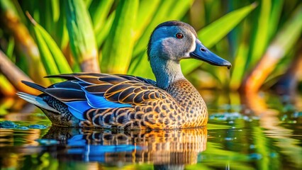 Fototapeta premium Rare glimpse: Documentary photography showcases a Florida Blue-Winged Teal female in her natural habitat.