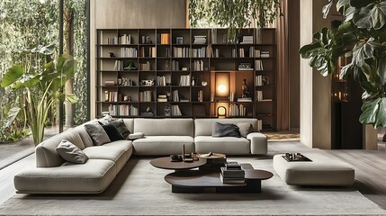 A modern living room featuring a modular sofa, a low coffee table, and a tall shelving unit with books and plants