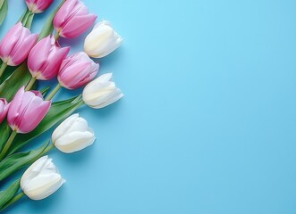 A vibrant arrangement of pink and white tulips against a blue background, creating a fresh and cheerful aesthetic.