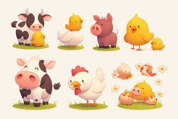 Naklejka premium Cute cartoon farm animals including cows, chickens, and piglets.