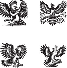 Set of Detailed Eagle Silhouettes in Various Poses - Adobe Stock Vector Illustration