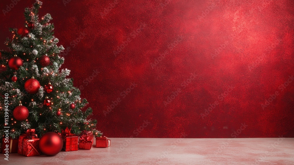 Poster Deep red Christmas-themed gradient with a subtle sparkle effect, designed as a studio backdrop with a product display-ready floor.