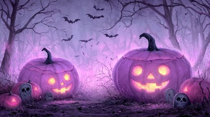 Spooky Halloween Pumpkins in Mysterious Forest Night Scene