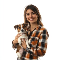 Young woman in a plaid shirt holding a dog and smiling isolated on a white background