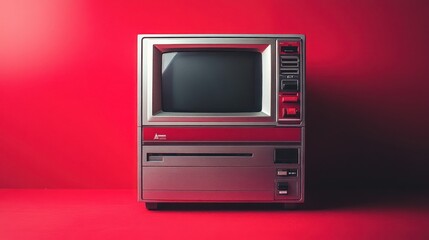 Retro red computer on red background.