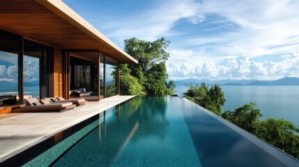 Fototapeta premium Modern Villa Infinity Pool Overlooking Ocean Mountains