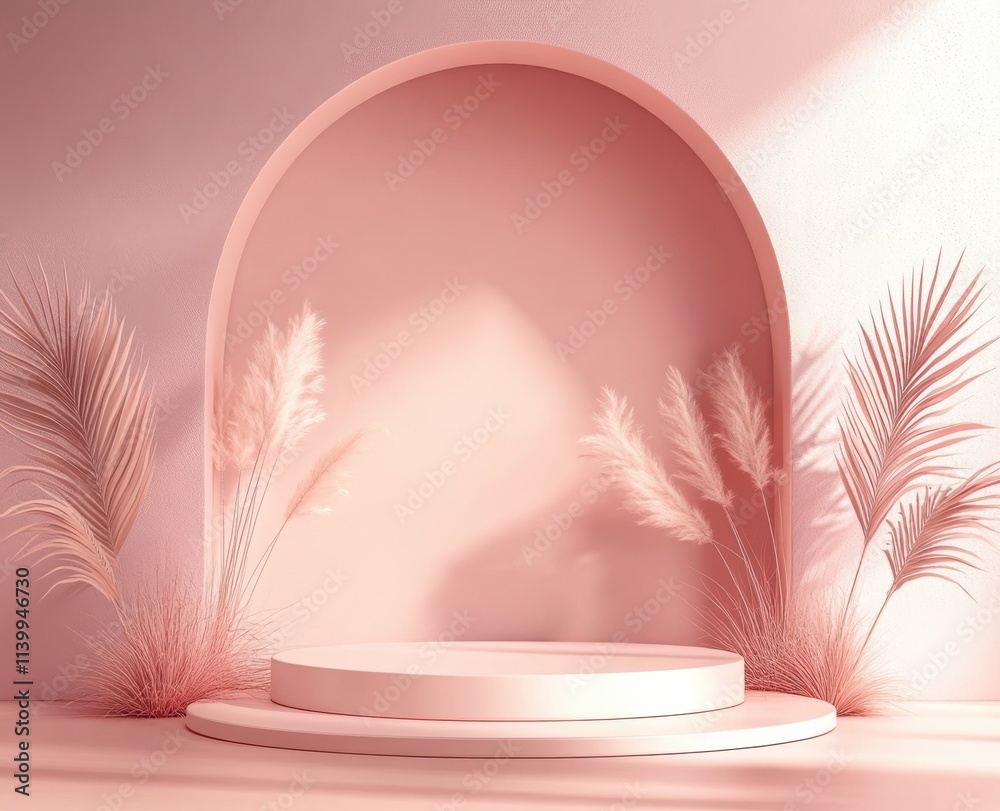 Wall mural A minimalist, pastel pink setting featuring a circular arch, a raised platform, and delicate pampas grass, creating an elegant backdrop.