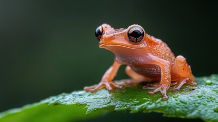 A tiny orange frog perched on a leaf is highlighted against a blurred backdrop, drawing attention to its vivid color, detailed texture, and natural beauty.