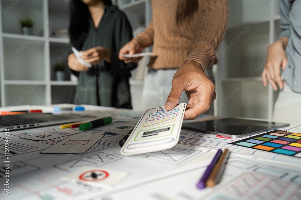 Wall mural creative ux ui design team collaborating on mobile app wireframes in modern office environment