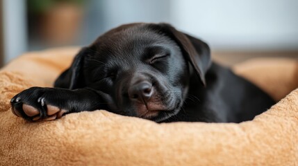 A calm black labrador puppy is peacefully napping on a soft bed, exuding comfort and warmth, embodying the tenderness of a domestic pet's life.