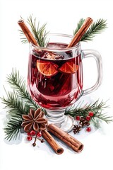 Hot red mulled wine on white background with Christmas spices, orange slice, star anise and cinnamon sticks. Watercolor illustration