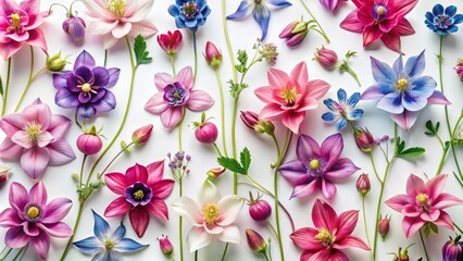 Obraz premium Aquilegia Floral Pattern: Close-Up Pink, Purple, Blue Flowers on White Background