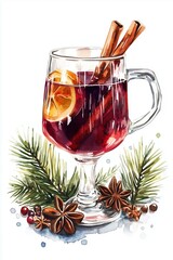 Hot red mulled wine on white background with Christmas spices, orange slice, star anise and cinnamon sticks. Watercolor illustration