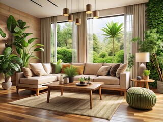Beige Sofa Living Room Design: Lush Greenery & Wooden Coffee Table - Interior Design Inspiration