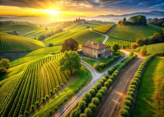 Naklejka premium Aerial View Tuscan Vineyard Landscape: Rolling Hills, Stone Farmhouse, Winding Paths